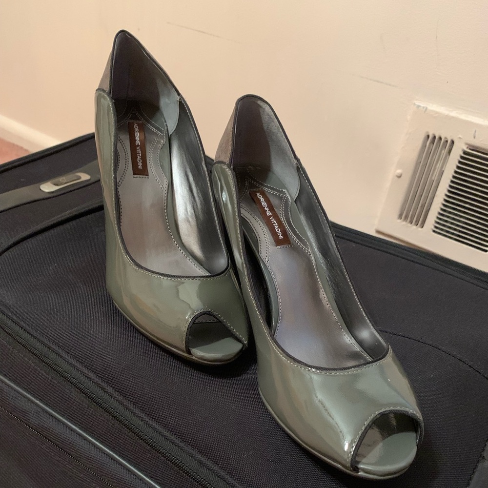 Gray patent leather peep toe pumps Size 11M.